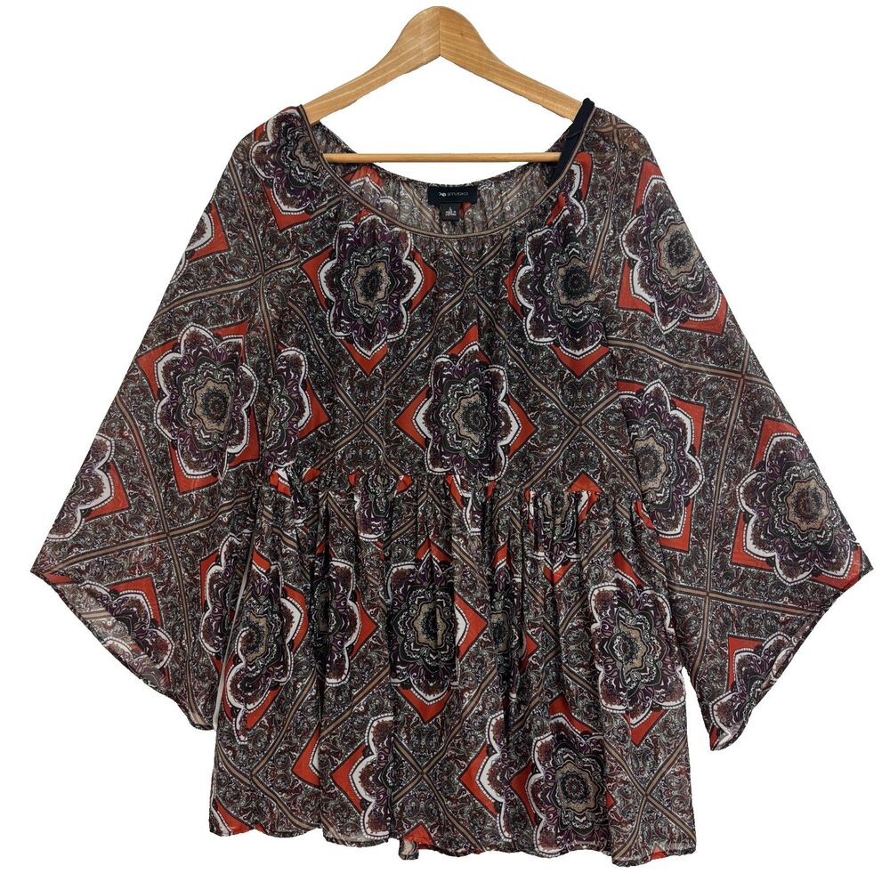 AB Studio Floral‎ Paisley Sheer Blouse Women's Large Boho Flared Hippie Babydoll